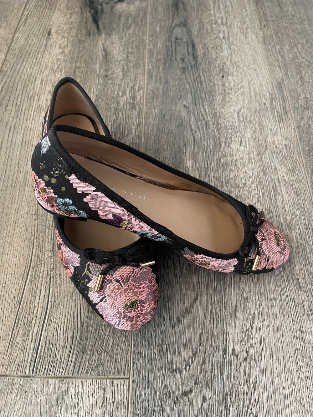 Kelly & Katie Black Ballet Flats with Pink Floral Embroidery